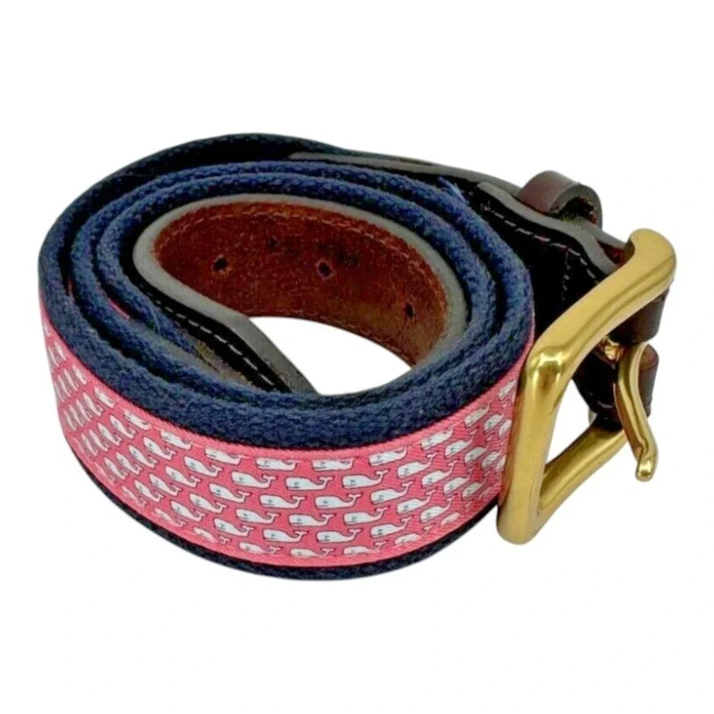 Vineyard Vines Men's Blue Woven Cotton Pink Canvas Whale Logo Golf Belt Size S/M